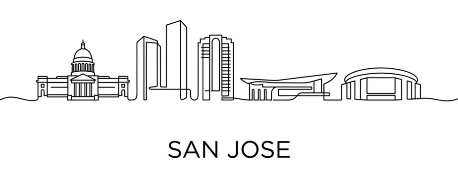 City skyline illustration with famous landmarks in a minimalist continuous line art style showing modern architectural buildings and skyscrapers in a simple black outline