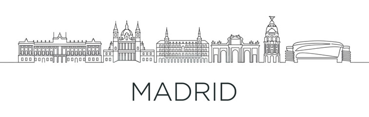 Obraz premium Spanish capital city skyline illustration with famous landmarks drawn in a minimalist black and white continuous line art style, featuring iconic architecture and monuments