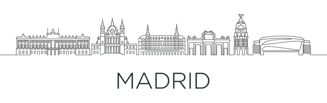 Spanish capital city skyline illustration with famous landmarks drawn in a minimalist black and white continuous line art style, featuring iconic architecture and monuments
