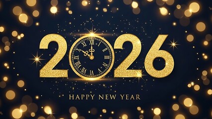Glittering golden 2026 New Year celebration with clock showing midnight on dark bokeh background