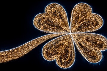 Golden glittering four leaf clover illuminating dark background