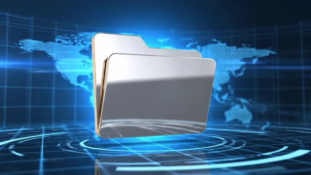 Metallic Folder Illustration Over Blue World Map Background with Light Streaks and Circular Design