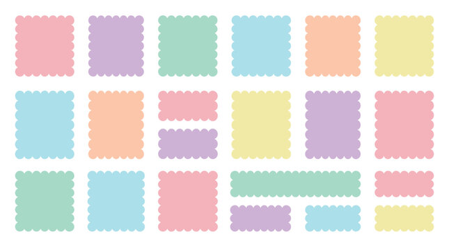Collection of colorful pastel scalloped frames and labels in various square and rectangle shapes, featuring a cute, minimalist design for decorative graphic elements
