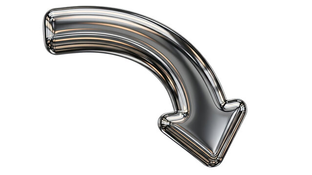 A glossy chrome curved arrow symbol pointing down and right with reflective surface design