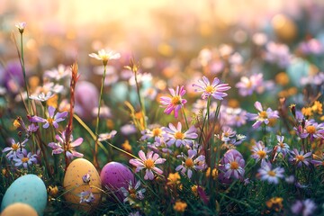 Easter eggs appearing in spring flower meadow