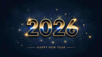 Glittering golden 2026 on dark blue starry background with Happy New Year text