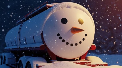 Fototapeta premium Snowman tanker truck covered in snow. A festive and whimsical take on winter transportation, ideal for Christmas holiday imagery and seasonal themes.