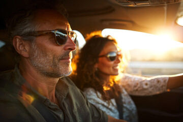Mature womman driving car with his husband during beautiful sunset