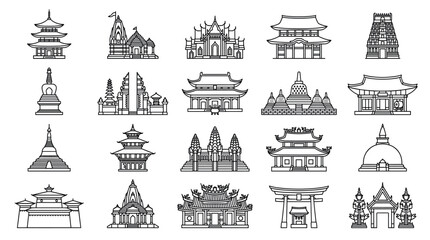 Obraz premium Set of Asian religious building line icons featuring famous temples, pagodas, stupas, and shrines from various cultures, presented in a minimalist black and white vector style