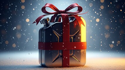 Gas can wrapped in red ribbon as a gift on a snowy background with bokeh lights for Christmas or winter holiday celebration.
