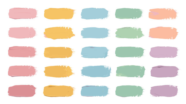 Collection of colorful pastel paint swatches in pink, yellow, blue, green, and purple arranged in a neat grid, showing textured hand-painted brush strokes for a design palette