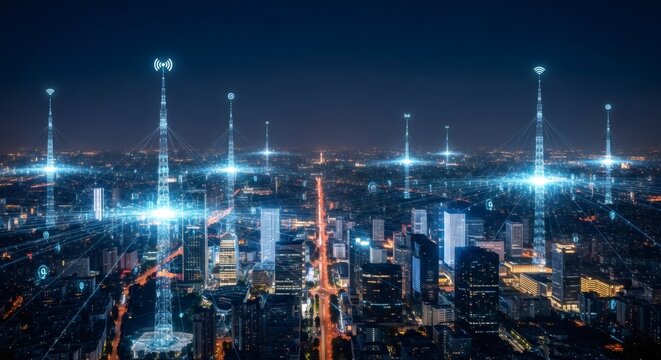 Smart city with glowing communication network over urban buildings at night. Concept of future internet of things, 5g technology, big data, and neural networks. - Powered by Adobe