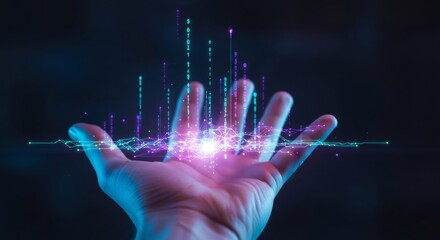 A human hand with glowing digital connections and data streams. Concept of technology, network, and communication. Future tech for data transfer.