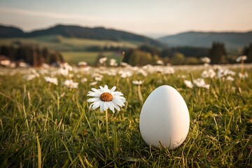 White easter egg and daisy in spring field