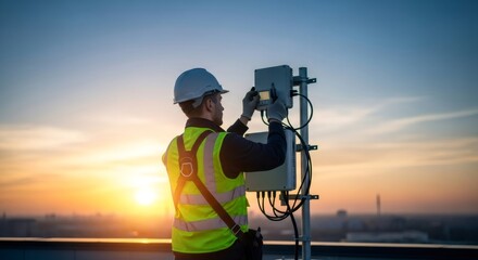 Man technician installing cellular communication equipment on rooftop at sunset. Network engineer configuring 5g antenna for wireless connectivity.