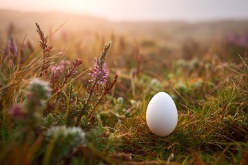 White egg resting in heather nature at sunrise