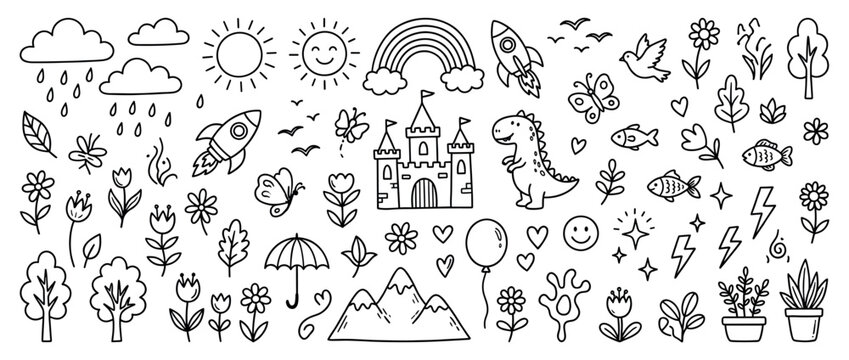 Large set of cute hand-drawn doodle elements featuring a castle, dinosaur, rocket, rainbow, sun, and flowers in a whimsical black and white line art style with a simple, childish charm