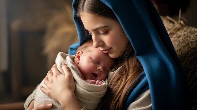 Young woman virgin mary holding baby jesus in her arm, religious christmas concept, biblical story, nativity scene.