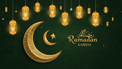 Ramadan Kareem Golden Crescent Moon and Lanterns stock (76
