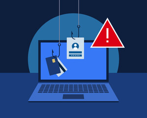 Cybercrime phishing, social engineering attack or scam alert. Flat design vector concept illustration with laptop, phishing hook, credit card, user field and red warning sign.