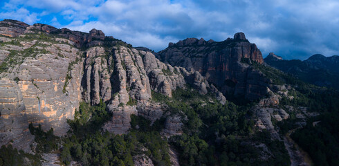 Naklejka premium Aerial view from a drone of the La Pesquera landscape in the town of Beceite. Els Ports. Matarraña region. Province of Teruel. Autonomous Community of Aragon. Spain. Europe