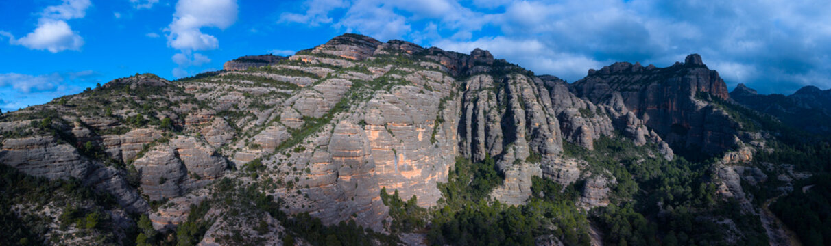 Aerial view from a drone of the La Pesquera landscape in the town of Beceite. Els Ports. Matarra&ntilde;a region. Province of Teruel. Autonomous Community of Aragon. Spain. Europe