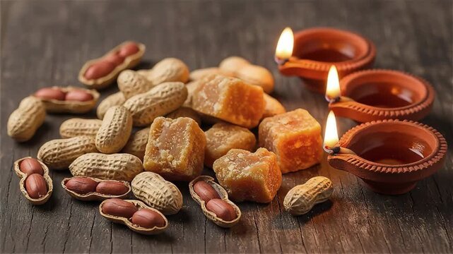 Lohri celebration essentials with peanuts, jaggery, and traditional lamp lights on wooden table for festive ritual