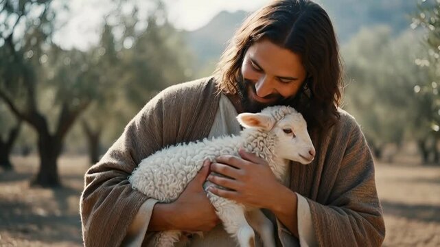 Man embracing his lamb in a desert landscape. Jesus Christ as the good shepherd, holding a little animal, love and compassion concept.