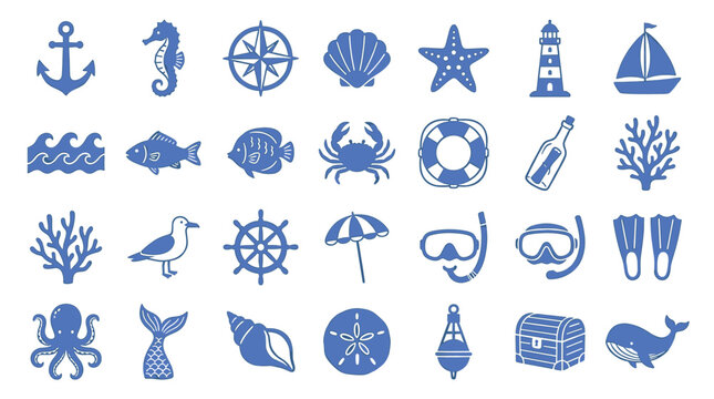 Large set of blue nautical icons featuring sea creatures, maritime symbols, and beach elements in a simple, flat graphic style for various design projects