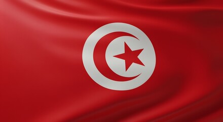 Waving Red Flag with Crescent and Star Symbol