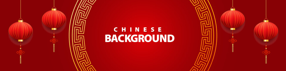 Vibrant red background with traditional Chinese lanterns and a decorative circular frame, featuring the text 'CHINESE BACKGROUND'.
