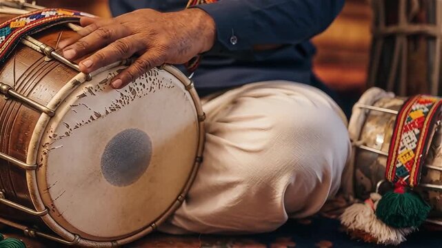 Traditional dhol drum player during Lohri celebration, vibrant cultural festival atmosphere