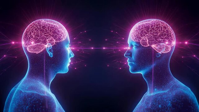 Two glowing human heads facing each other with vibrant pink blue brain neural networks connected by energy lines