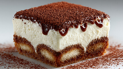 Delicious tiramisu dessert with cocoa powder and chocolate drizzle on a white background