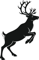 Fototapeta premium Majestic black silhouette of a leaping reindeer with large branching antlers isolated against a clean white background symbolizing winter holidays