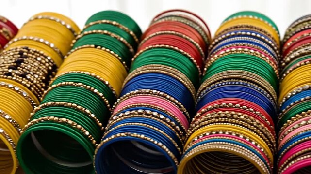 Traditional colorful bangles and embroidered fabric, vibrant Lohri celebration accessories, symbolizing Indian cultural festivity