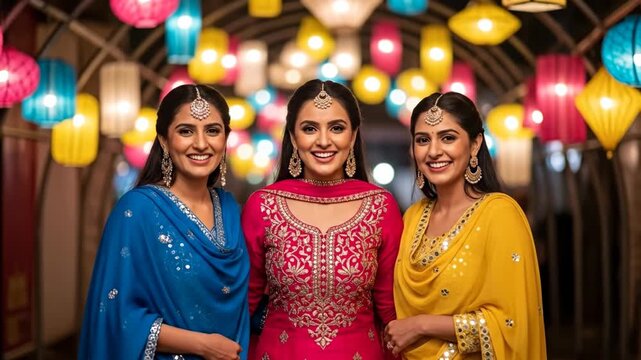 Three women in traditional attire celebrating Lohri festival under colorful lanterns, joyful cultural gathering at night