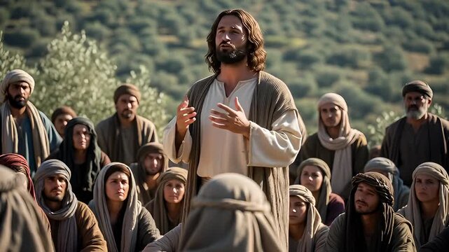 Jesus teaching outdoor with his hands open while people listen attentively around him. Biblical event with man speaking to crowd.