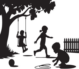 Children playing in a backyard with a swing and a picket fence silhouette
