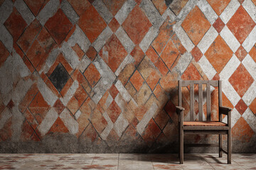 A rustic wooden chair sits against a textured diamond-patterned wall with a worn earthy tone