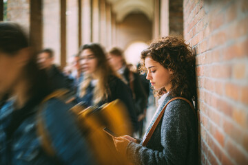 Side profile portrait of a young female university student with curly hair leaning against a brick wall and using her smartphone, with blurred students walking in the campus hallway in the background.