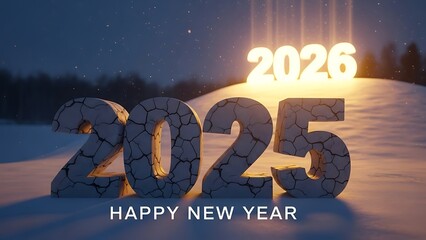Cracked stone numbers 2025 glowing on snowy hill with 2026 in the background at night new year stone texture