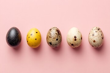 Colorful quail eggs displaying diversity on pink background