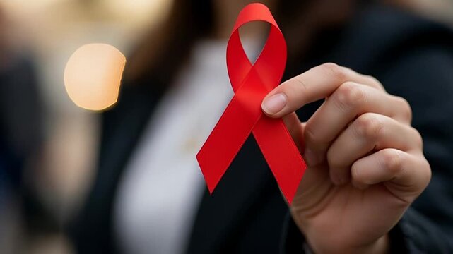 Woman holding red ribbon symbolizing hiv awareness and support. World Aids Day and health campaign concept