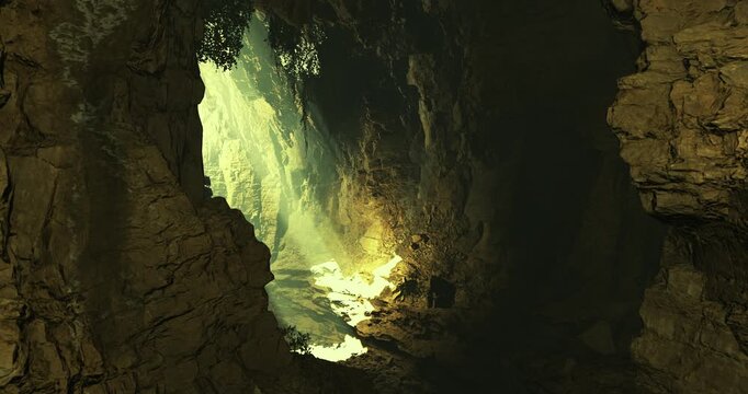 Bright rays of sunlight illuminate a secluded cavern surrounded by rugged rock formations. Lush greenery contrasts with the textured stone walls, creating a serene atmosphere.