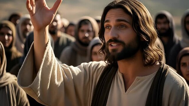 Caucasian man Jesus Christ speaks to a crowd, preaching his message of faith and redemption from a biblical passage