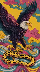 an eagle hunting a snake