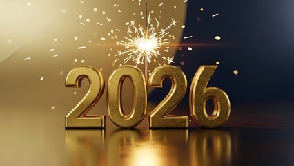 Golden 2026 numbers with sparkling firework on dark background