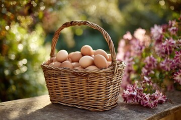 Farm fresh eggs in basket on wooden table outdoors