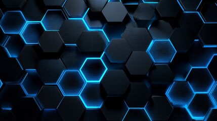 A dark, textured background showcases a repeating hexagonal pattern with bright blue illumination outlining each shape, creating depth